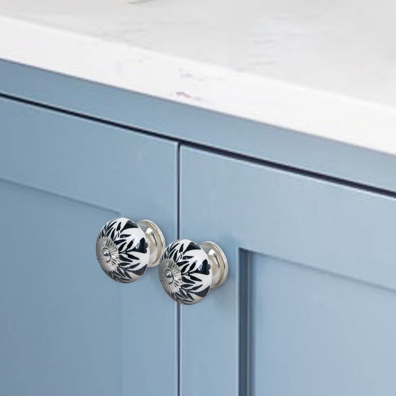 Mela Artisans 12-Pack Ceramic Kitchen Cabinet Knobs - Grey & White Leaf | Decorative Pull Handles for Dresser Drawers | Reversible Metal Backplate | 1.77â€ Diameter - Image 4